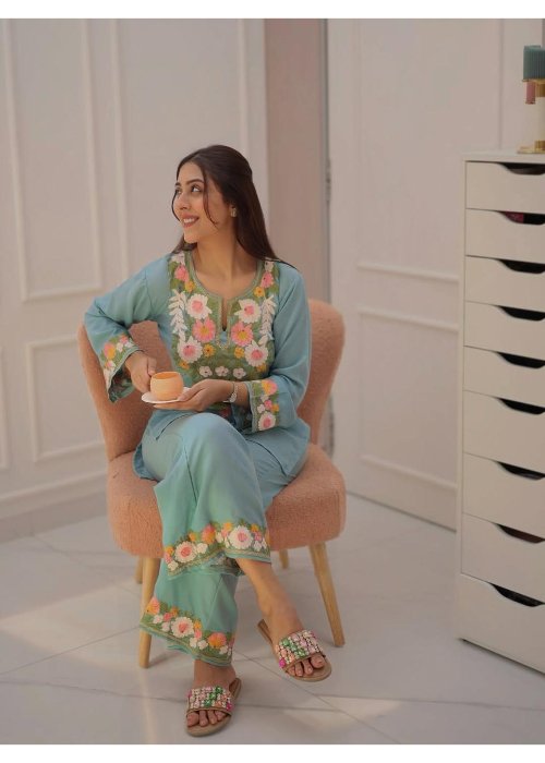 Pure Cotton Sky Embroidered Co-Ord Set